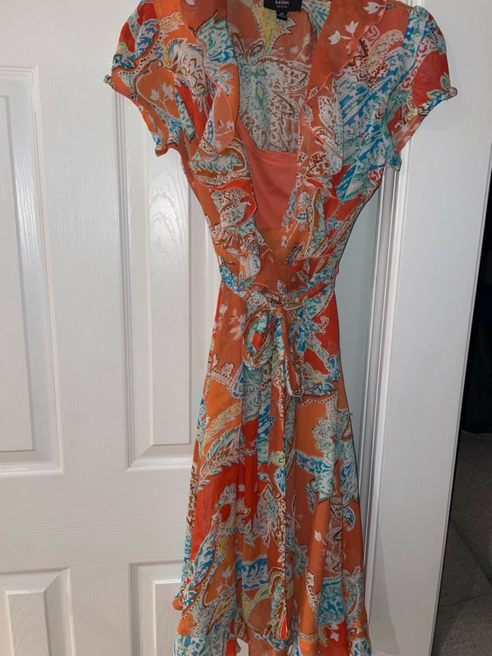 MSK Orange Paisley Gathered Waist Midi Dress with Blue Accents